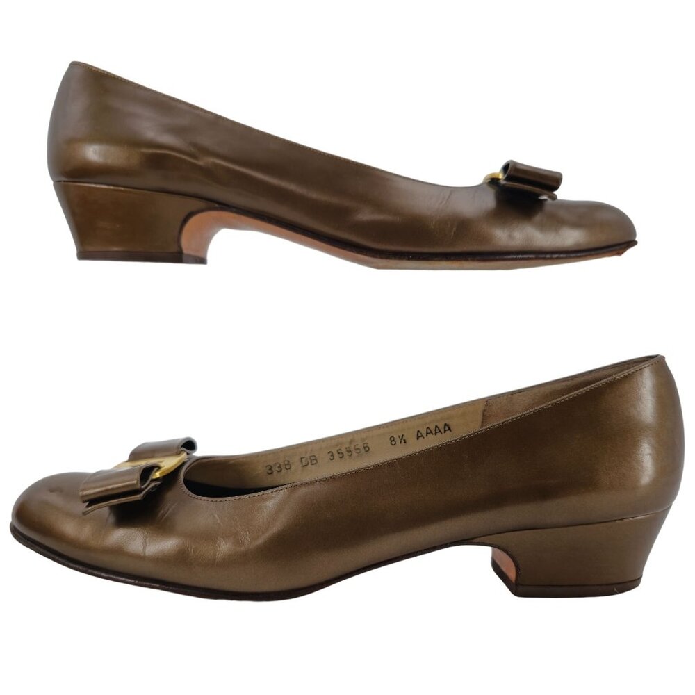 Vintage Salvatore Ferragamo Bronze Vara Bow Pumps Womens 8.5 Dress Shoes Italy - Picture 4 of 13